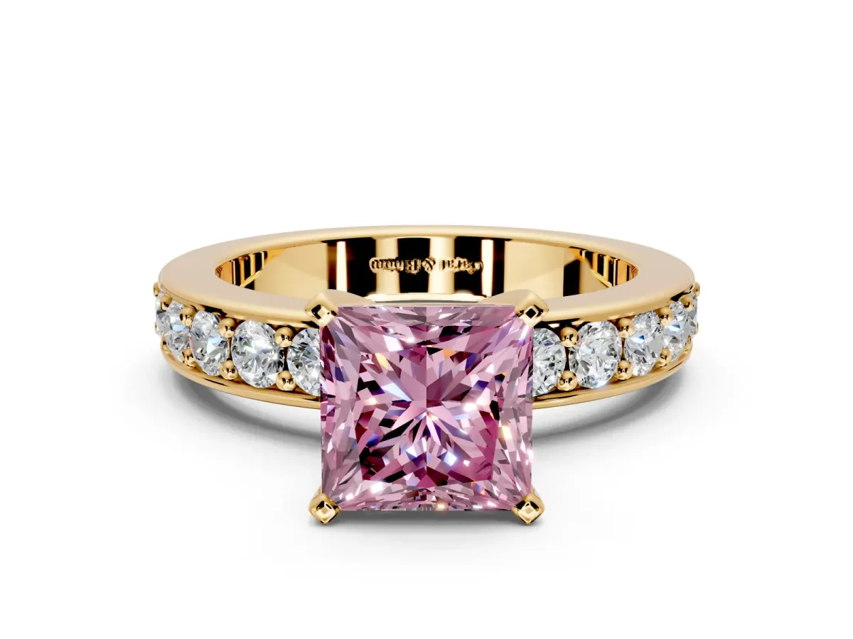 Solitaire Engagement Ring Setting for Fancy Pink Princess Cut Center with Channel-Set Accents and Prong Head in Yellow Gold