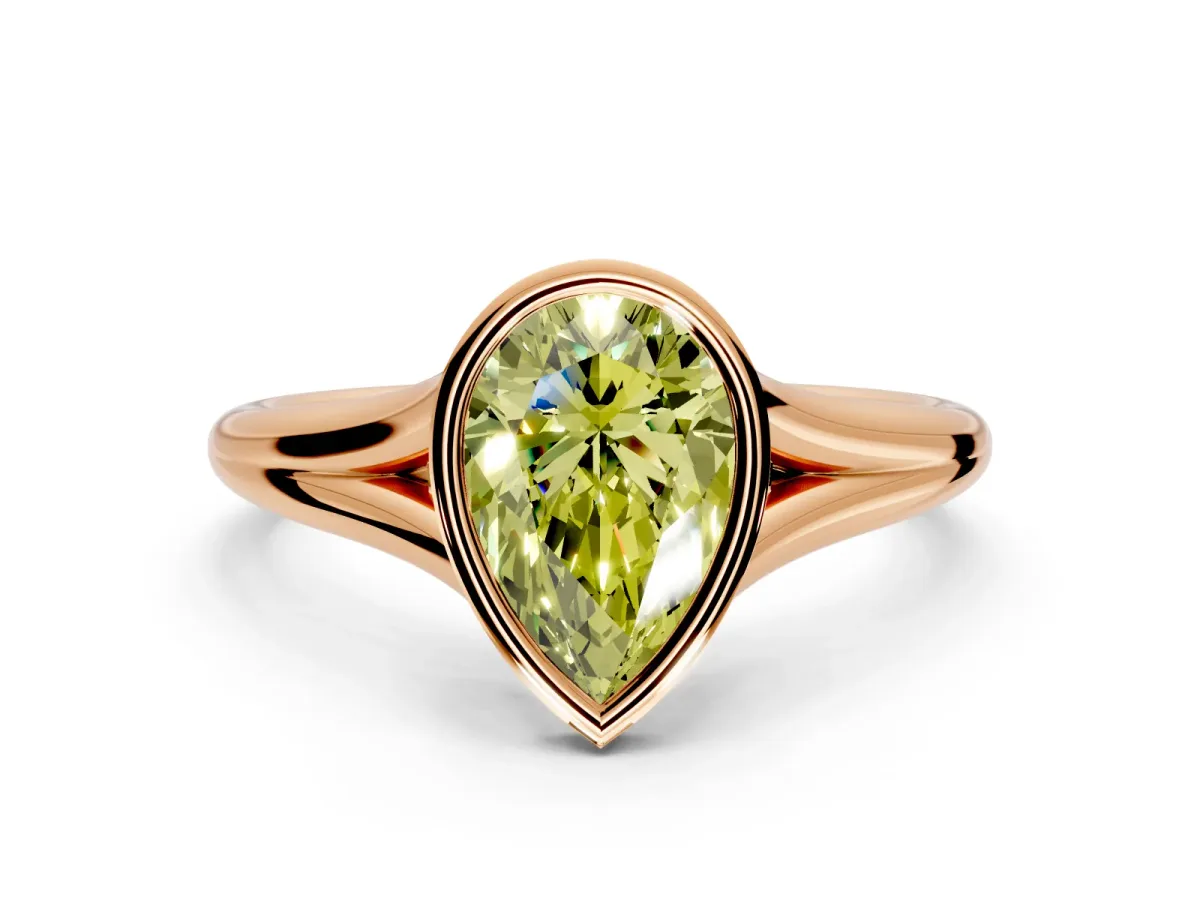 Solitaire Engagement Ring Setting for Fancy Yellow Pear-Shaped Center with V Split Shank and Bezel Head in Rose Gold