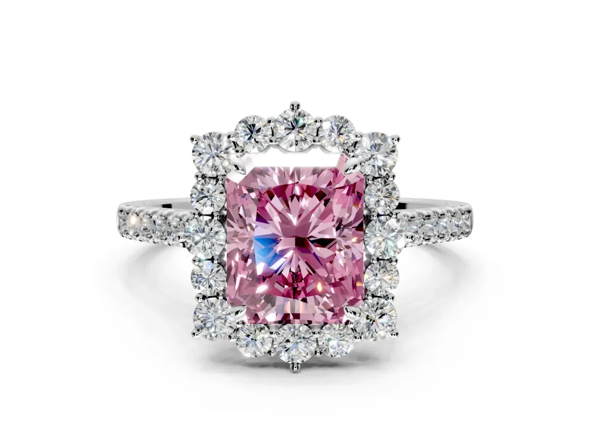 Halo Engagement Ring Setting for Fancy Pink Radiant Cut Center with Single-Row Pave, Open Basket and Prong Head in White Gold
