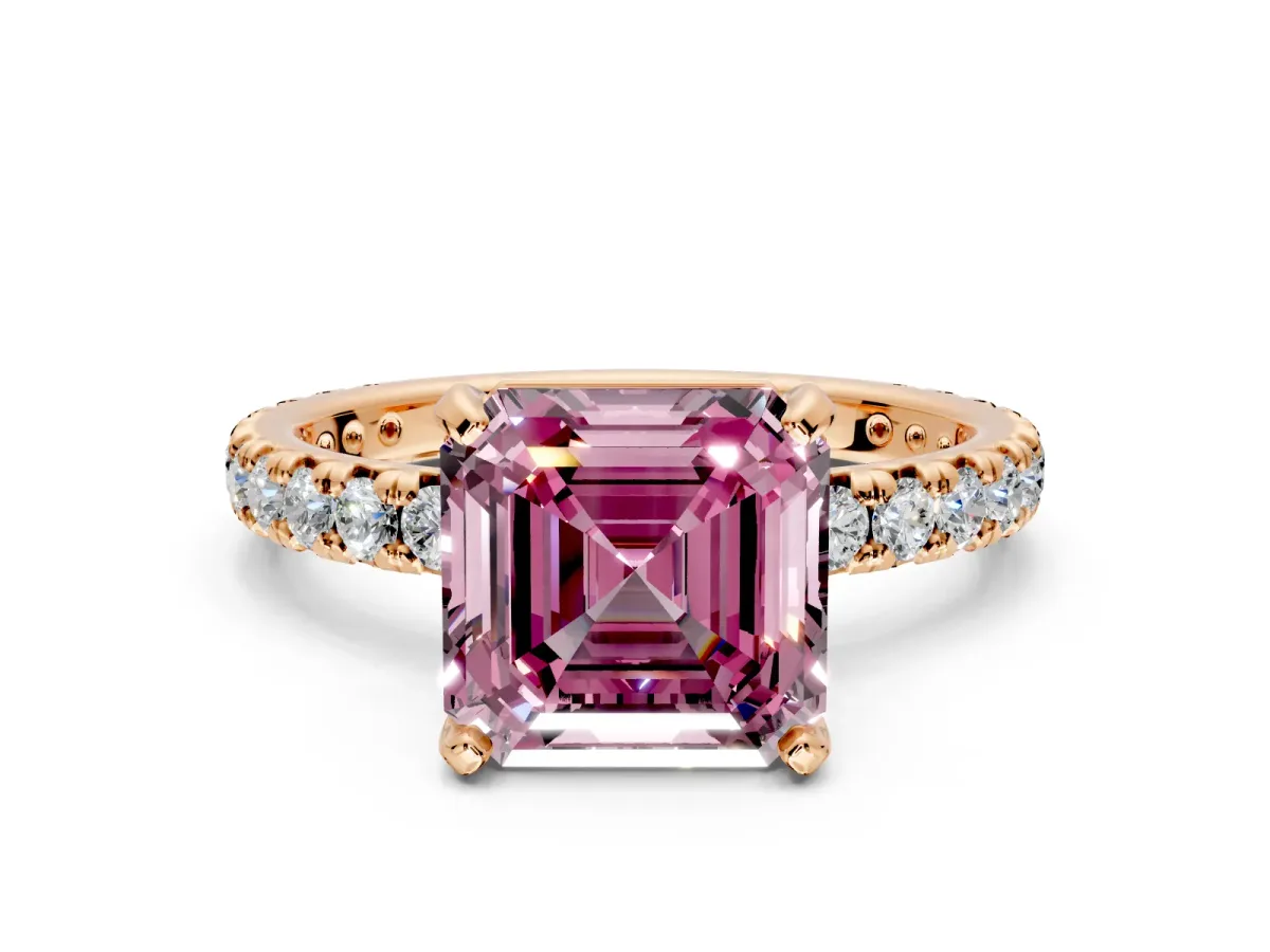 Solitaire Engagement Ring Setting for Fancy Pink Asscher Cut Center with Shared-Prong Accents and Prong Head in Rose Gold