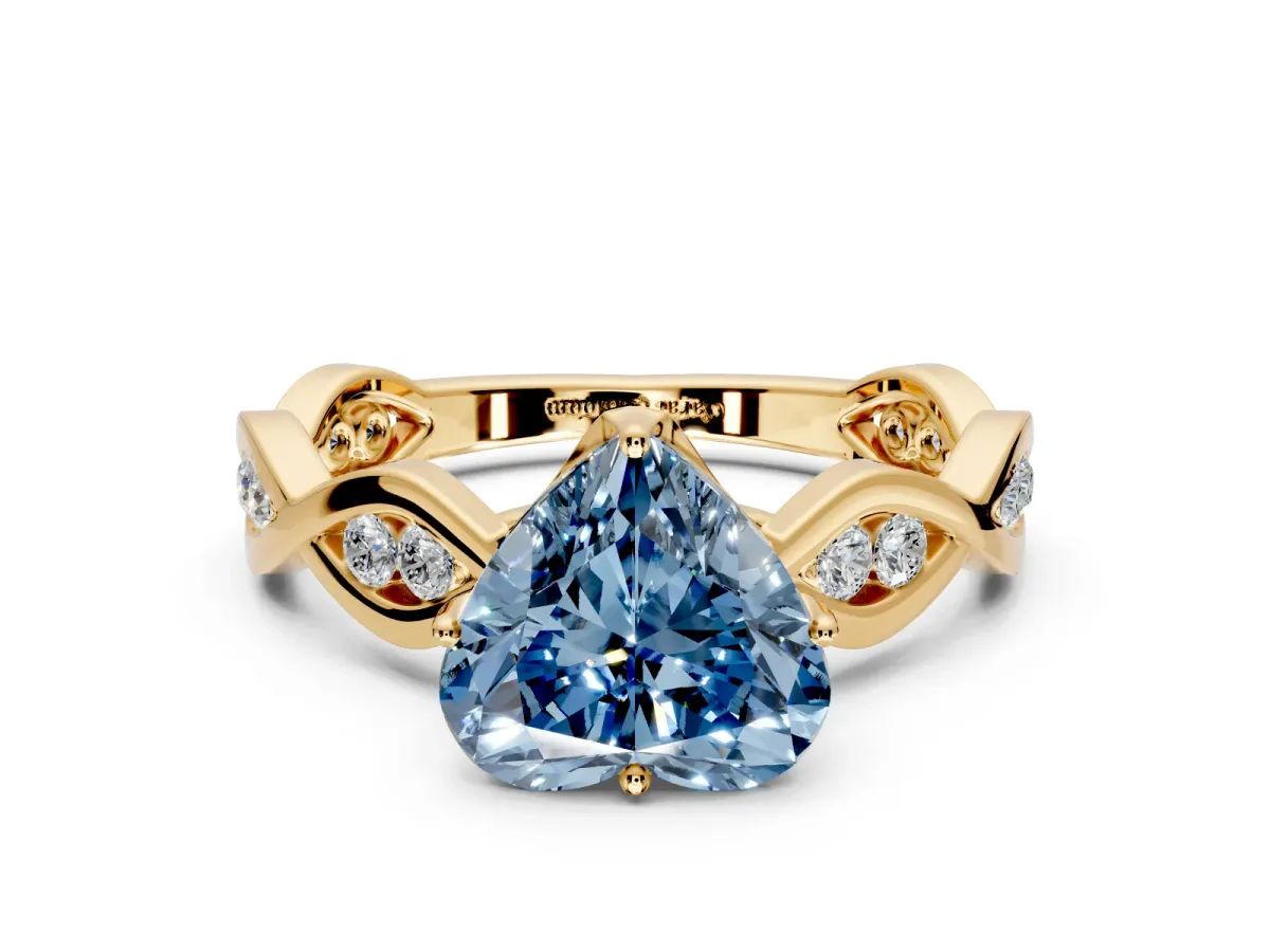 Solitaire Engagement Ring Setting for Fancy Blue Heart-Shaped Center with Accented Twist Band and Leaf Prong Head in Yellow Gold