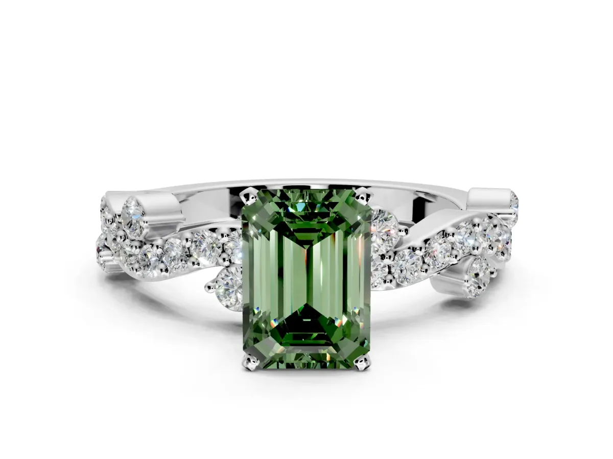 Solitaire Engagement Ring Setting for Fancy Green Emerald Cut Center with Bar-Station Pave Twist and Prong Head in Platinum