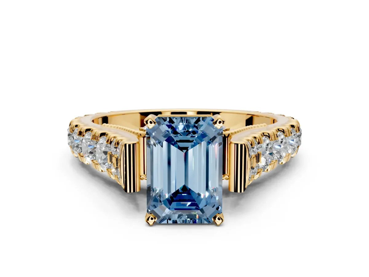 Solitaire Engagement Ring Setting for Fancy Blue Emerald Cut Center with Pave Cathedral Shoulders and Prong Head in Yellow Gold