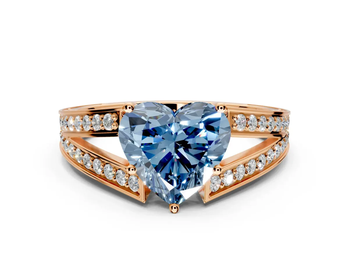 Split Shank Engagement Ring Setting for Fancy Blue Heart-Shaped Center with Pave Split Shank and Prong Head in Rose Gold