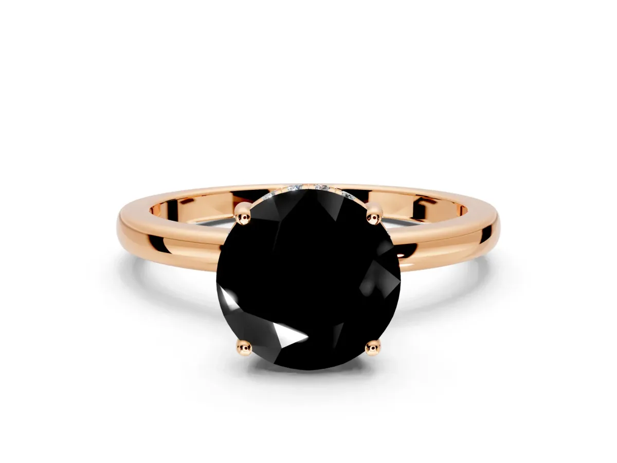 Solitaire Engagement Ring Setting for Fancy Black Round Cut Center with Fine Wire Band and Prong Head in Rose Gold