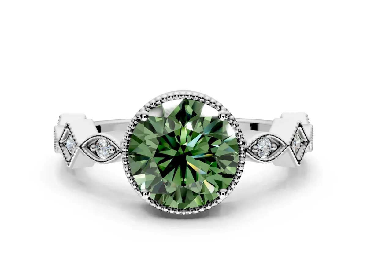 Milgrain Bezel Engagement Ring Setting for Fancy Green Round Cut Center with Marquise Stations and Bezel Head in Platinum