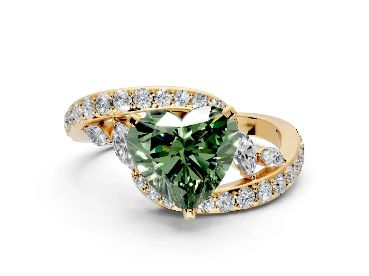 Solitaire Engagement Ring Setting for Fancy Green Heart-Shaped Center with Pave Bypass Twist Band and Prong Head in Yellow Gold