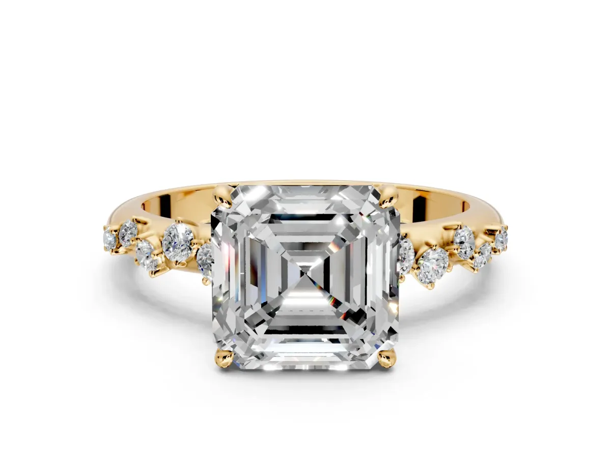 Cluster Engagement Ring Setting for Asscher Cut Center with Round Cut Accent Band and Prong Head in Yellow Gold