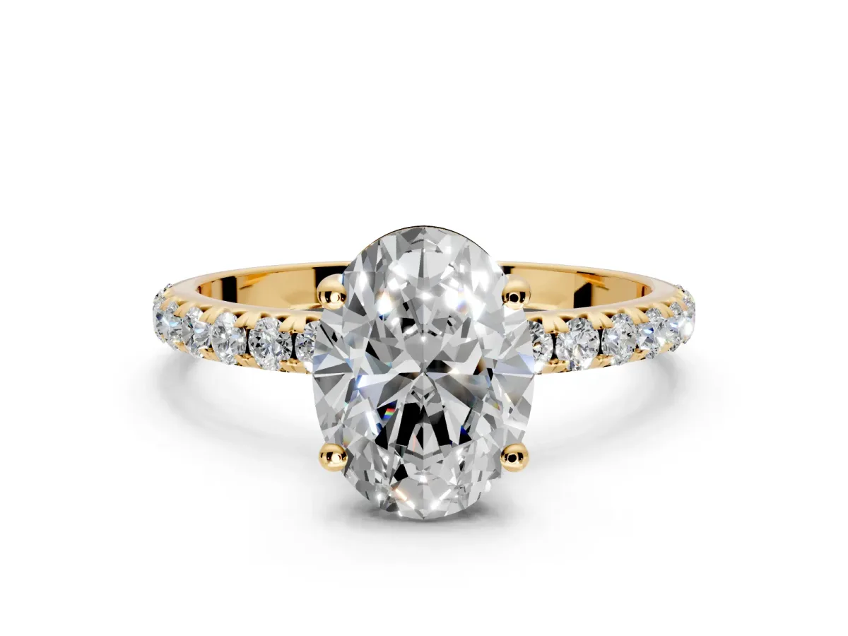 Solitaire Engagement Ring Setting for Oval Center with Micro Pave Band and Prong Head in Yellow Gold