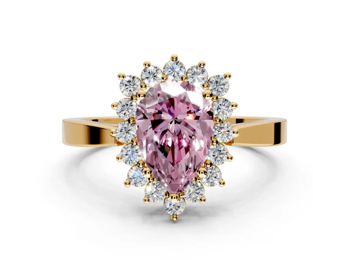 Starburst Halo Engagement Ring Setting for Fancy Pink Pear-Shaped Center with Flat Cathedral Band and Prong Head in Yellow Gold