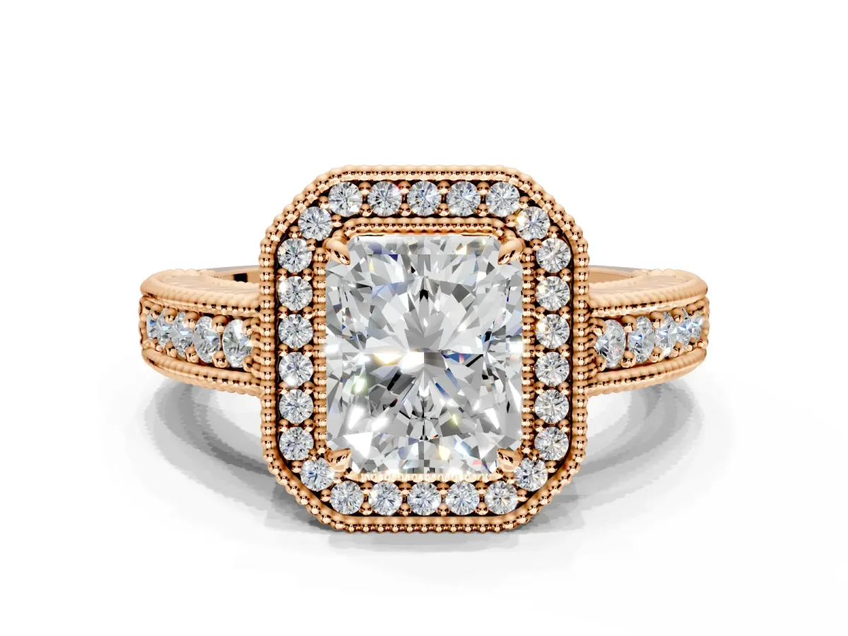 Milgrain Halo Engagement Ring Setting for Radiant Cut Center with Pave Band and Prong Head in Rose Gold