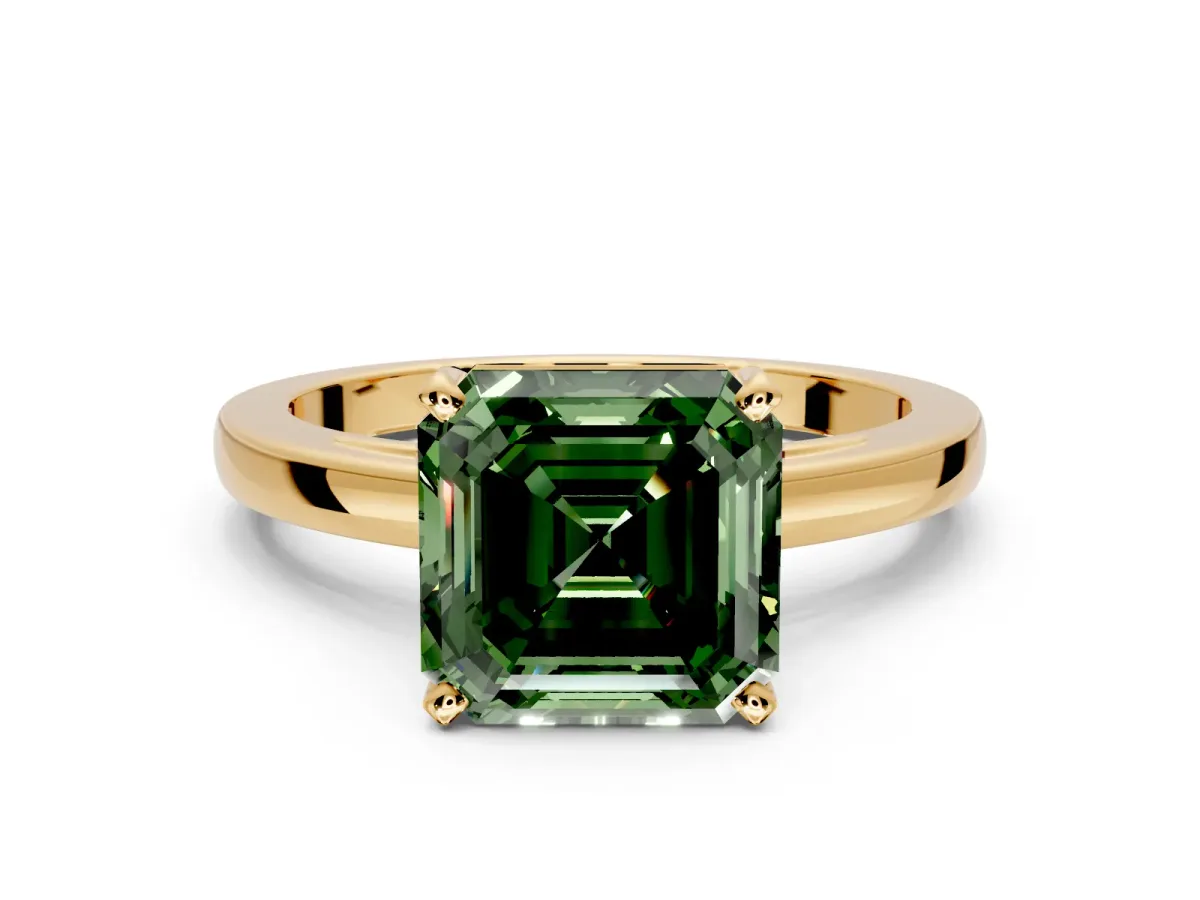 Solitaire Engagement Ring Setting for Fancy Green Asscher Cut Center with Basket Rail and Prong Head in Yellow Gold