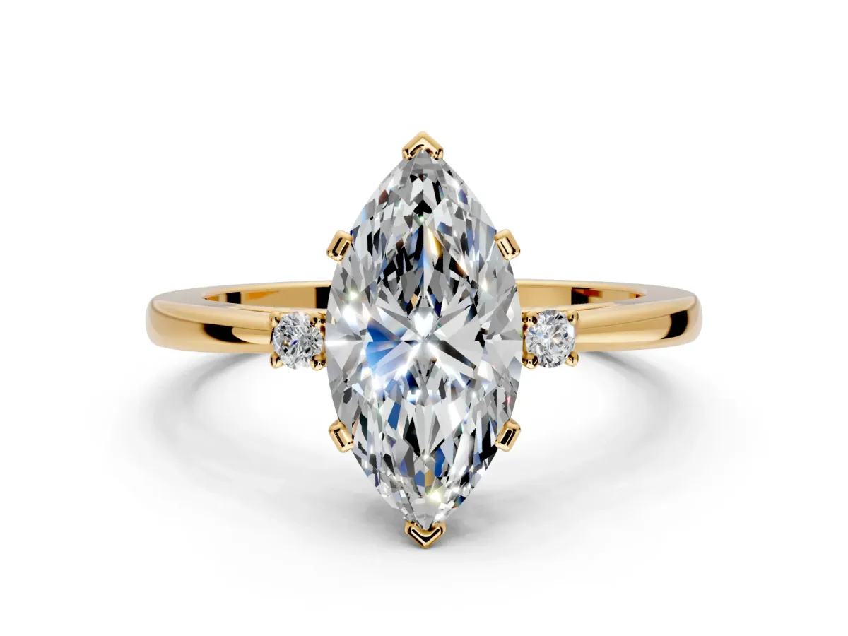 3 Stone Engagement Ring Setting for Marquise Center with Low-Set Round Cut Accents and Prong Head in Yellow Gold