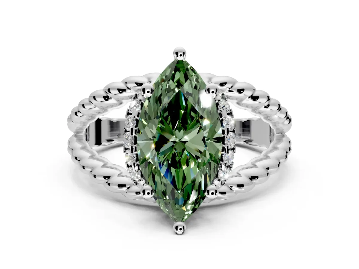 Halo Engagement Ring Setting for Fancy Green Marquise Center with Rope Twist Split Shank and Prong Head in White Gold