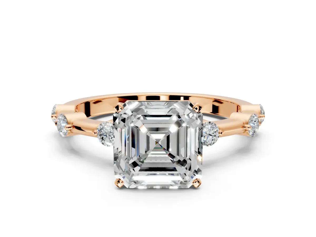 Solitaire Engagement Ring Setting for Asscher Cut Center with Bezel Station Band and Prong Head in Rose Gold