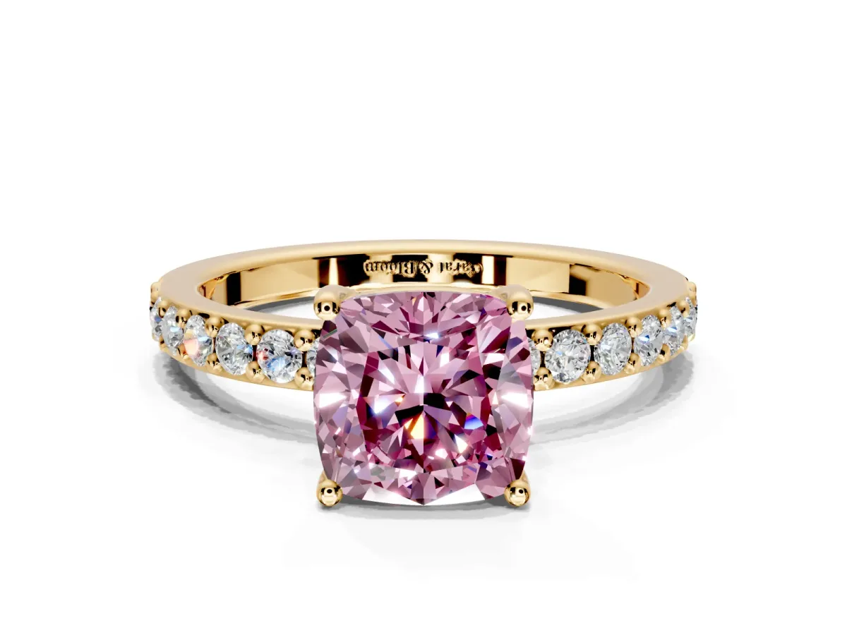 Solitaire Engagement Ring Setting for Fancy Pink Cushion Cut Center with Round Cut Pave Band and Prong Head in Yellow Gold