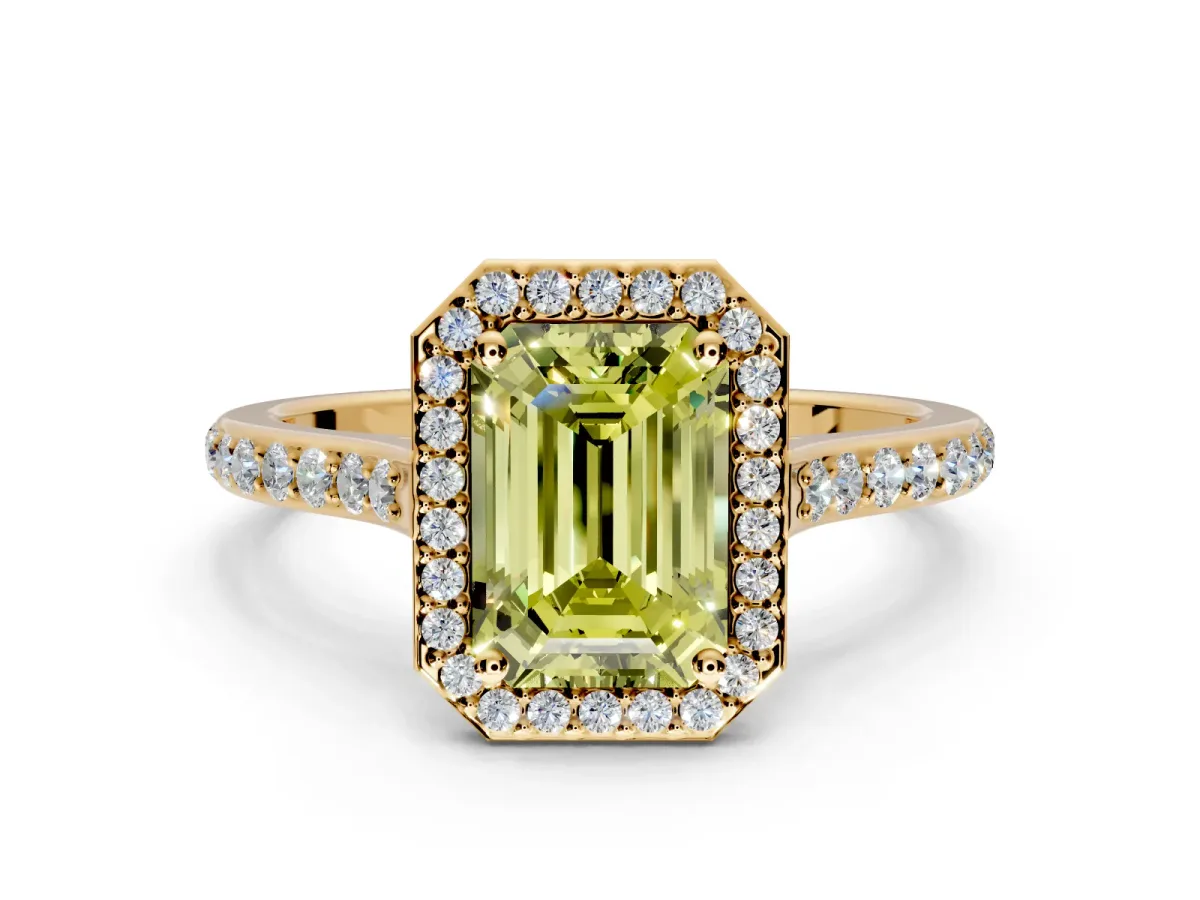 Halo Engagement Ring Setting for Fancy Yellow Emerald Cut Center with Pave Accents, Heart Basket and Prong Head in Yellow Gold