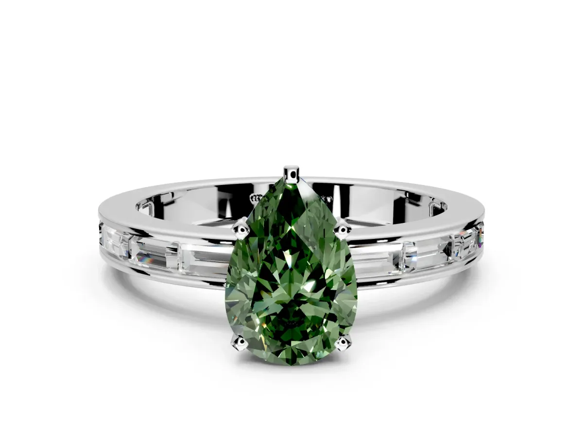 Solitaire Engagement Ring Setting for Fancy Green Pear-Shaped Center with Channel Baguette Band and Prong Head in Sterling Silver