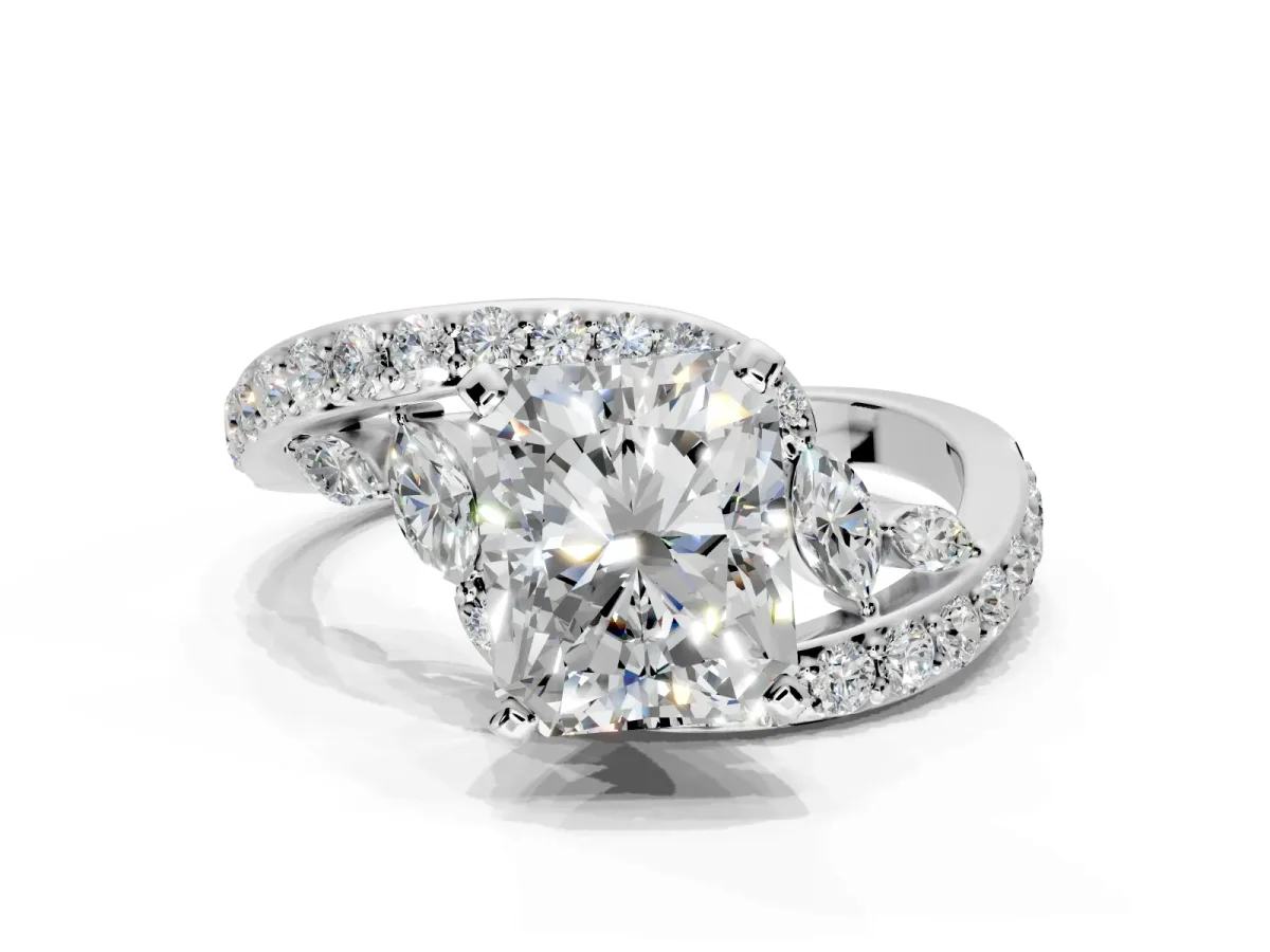 Solitaire Engagement Ring Setting for Radiant Cut Center with Pave Bypass Twist Band and Prong Head in Sterling Silver