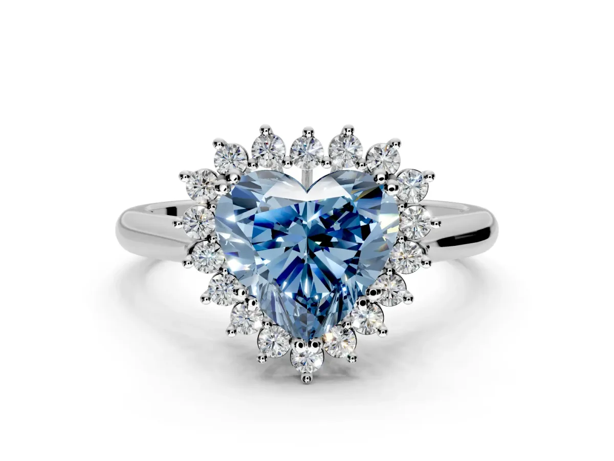 Starburst Halo Engagement Ring Setting for Fancy Blue Heart-Shaped Center with Thin Round-Wire Band and Prong Head in Platinum