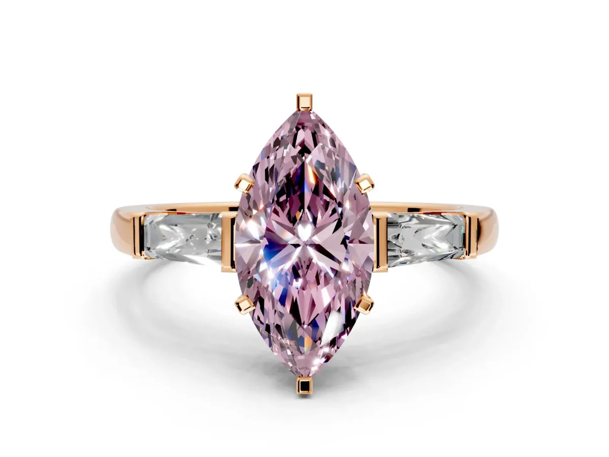 3 Stone Engagement Ring Setting for Fancy Pink Marquise Center with Tapered Baguettes, Plain Band and Prong Head in Rose Gold