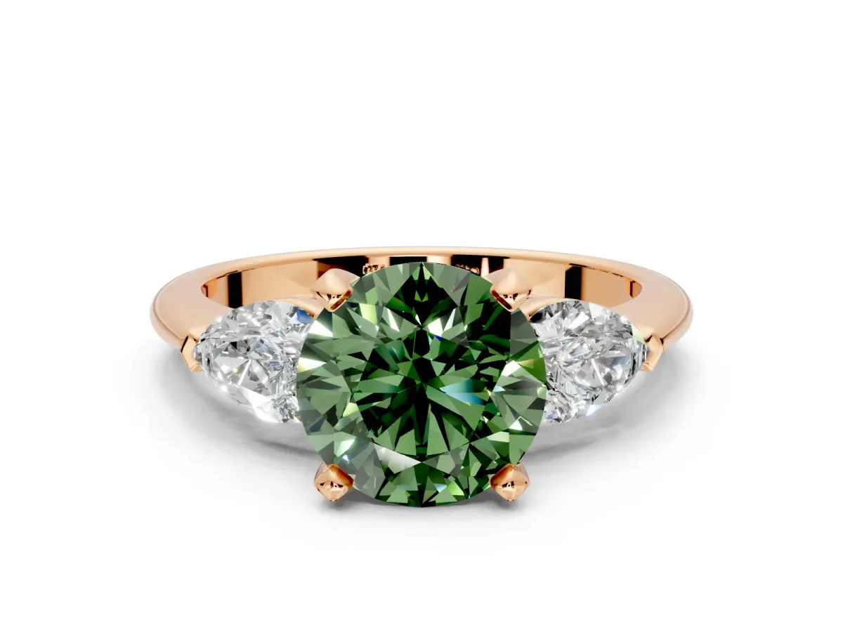 3 Stone Engagement Ring Setting for Fancy Green Round Cut Center with Large Pear-Shaped Accents and Prong Head in Rose Gold