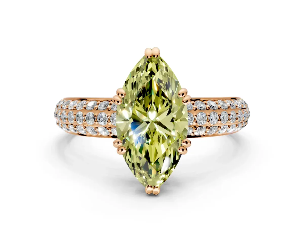 Solitaire Engagement Ring Setting for Fancy Yellow Marquise Center with Multi-Row Pave Accents and Basket Head in Rose Gold