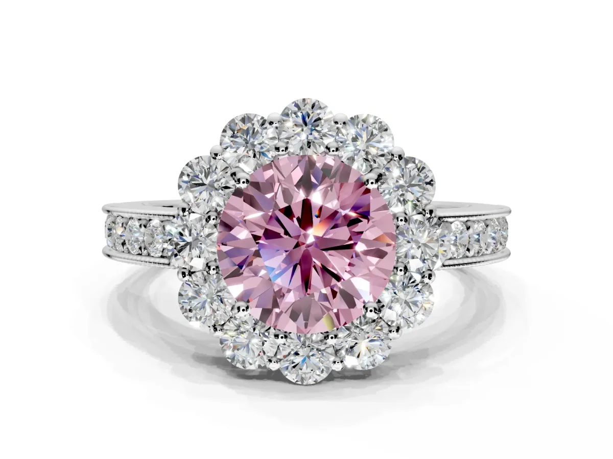 Halo Engagement Ring Setting for Fancy Pink Round Cut Center with Milgrain Channel Band and Prong Head in Platinum