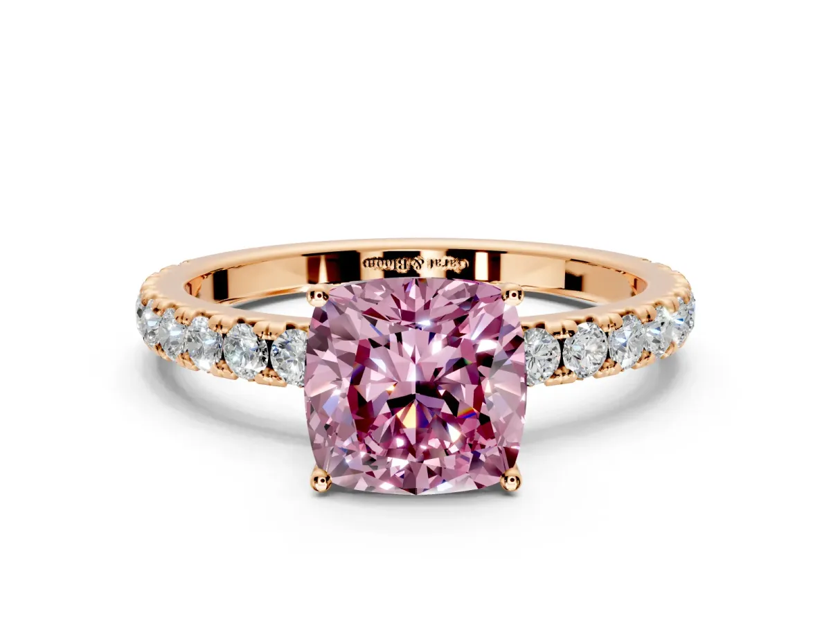 Solitaire Engagement Ring Setting for Fancy Pink Cushion Cut Center with Large Accent Band and Prong Head in Rose Gold