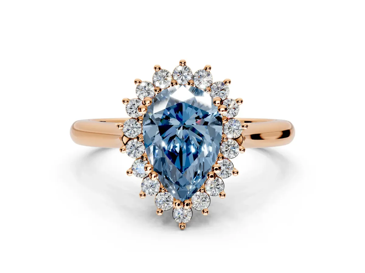 Starburst Halo Engagement Ring Setting for Fancy Blue Pear-Shaped Center with Thin Round-Wire Band and Prong Head in Rose Gold