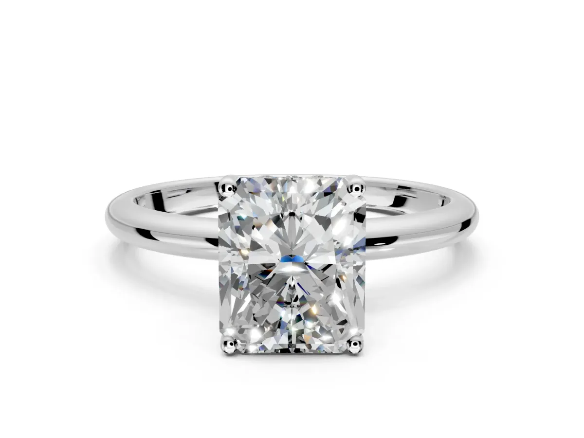 Hidden Halo Engagement Ring Setting for Radiant Cut Center with Thin Round-Wire Band and Prong Head in Platinum
