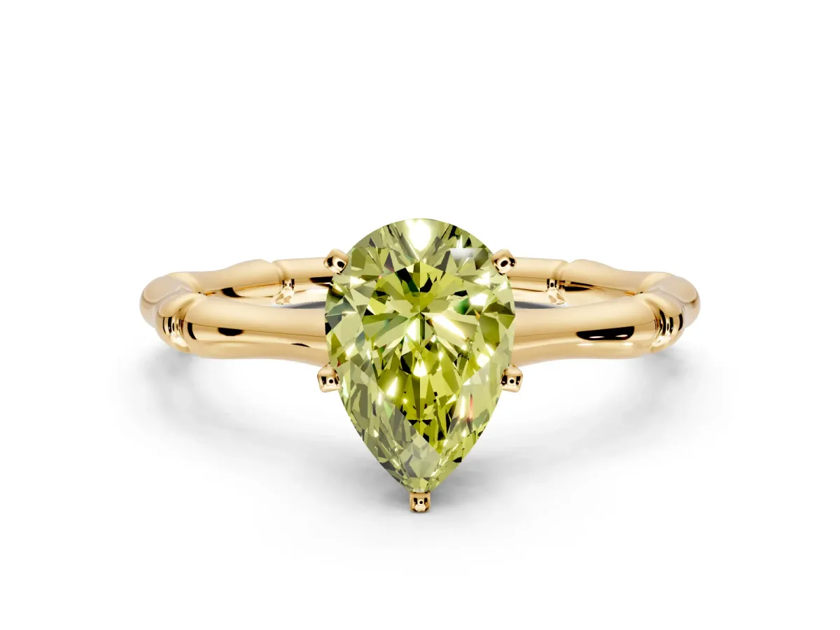 Solitaire Engagement Ring Setting for Fancy Yellow Pear-Shaped Center with Bamboo Band and Prong Head in Yellow Gold