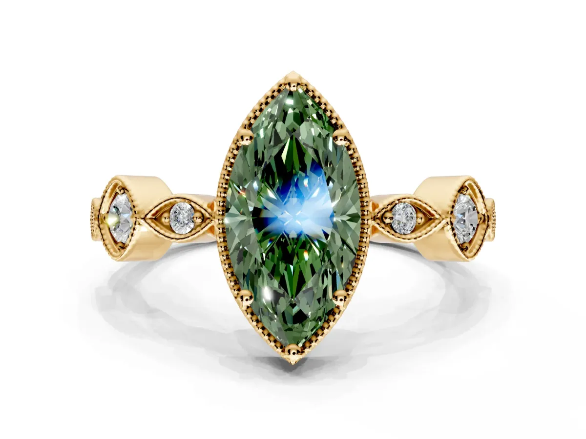 Vintage Station Engagement Ring Setting for Fancy Green Marquise Center with Accents and Prong Head in Yellow Gold
