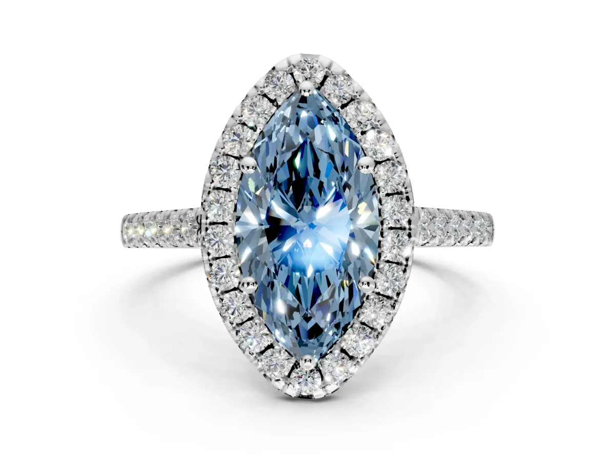 Halo Engagement Ring Setting for Fancy Blue Marquise Center with Narrowing Pave Band and Prong Head in Sterling Silver
