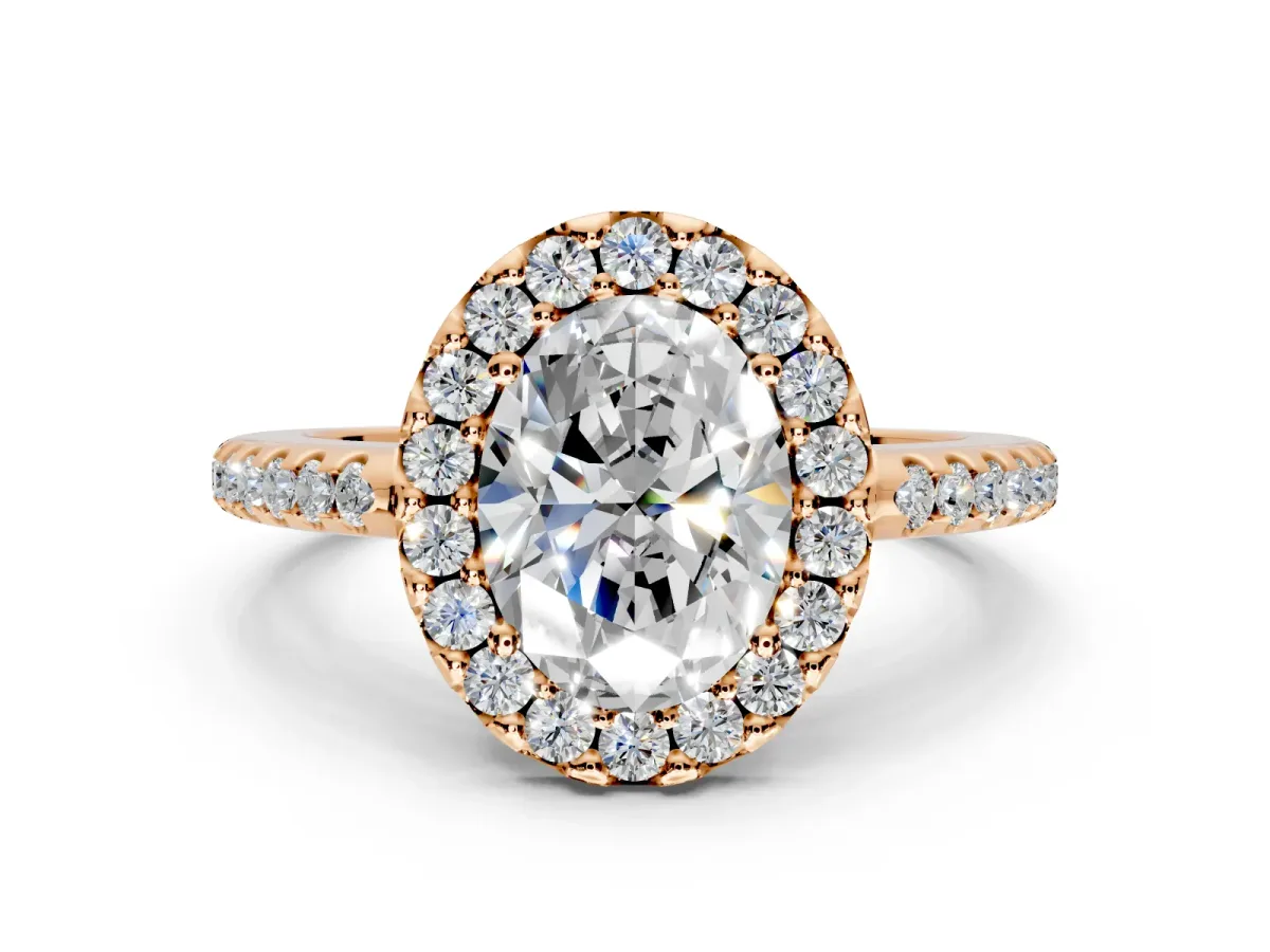 Pave Halo Engagement Ring Setting for Oval Center with Single Row Pave Band and Prong Head in Rose Gold