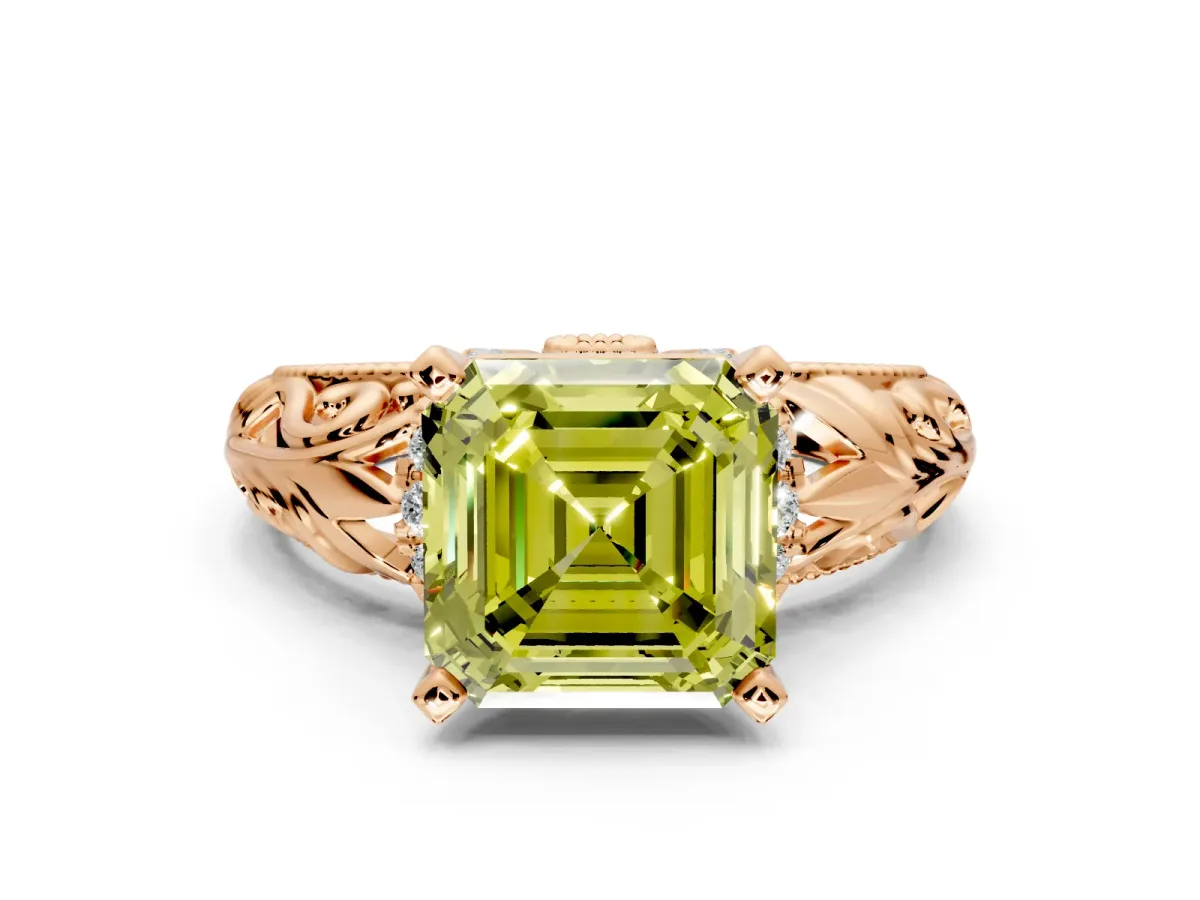 Solitaire Engagement Ring Setting for Fancy Yellow Asscher Cut Center with Filigree Accent Basket and Prong Head in Rose Gold