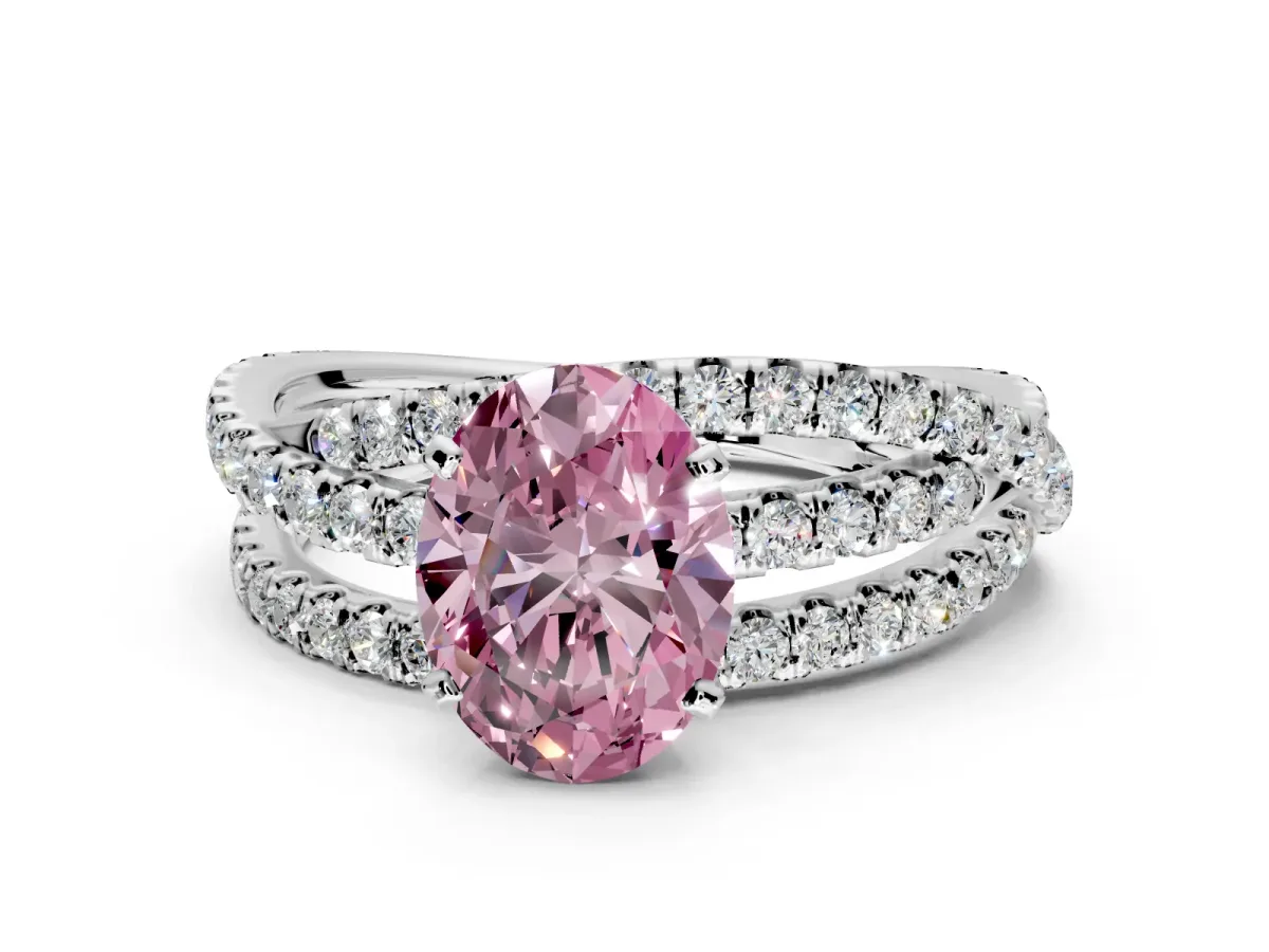 Solitaire Engagement Ring Setting for Fancy Pink Oval Center with Woven 3-Strand Pave Band and Prong Head in Sterling Silver