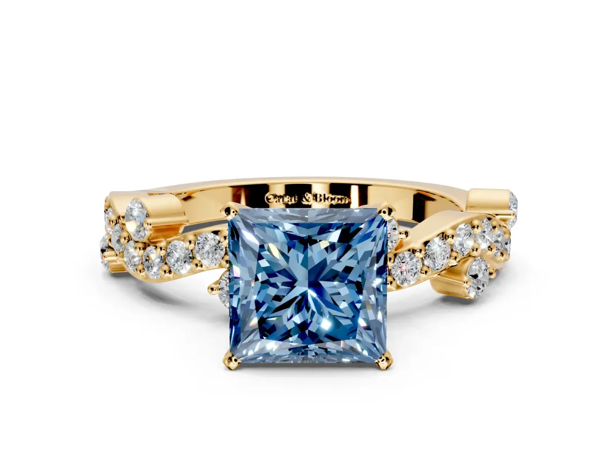 Solitaire Engagement Ring Setting for Fancy Blue Princess Cut Center with Bar-Station Pave Twist and Prong Head in Yellow Gold