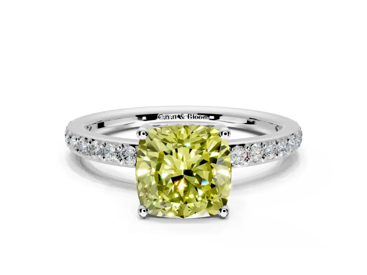 Solitaire Engagement Ring Setting for Fancy Yellow Cushion Cut Center with Fine Pave Band and Prong Head in Platinum