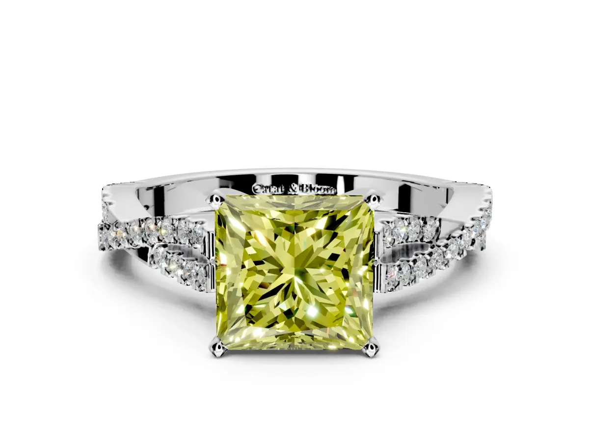 Solitaire Engagement Ring Setting for Fancy Yellow Princess Cut Center with Twisted Pave Split Shank and Prong Head in Platinum