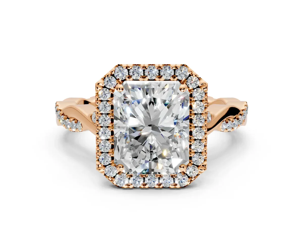 Halo Engagement Ring Setting for Radiant Cut Center with Twist Band and Prong Head in Rose Gold