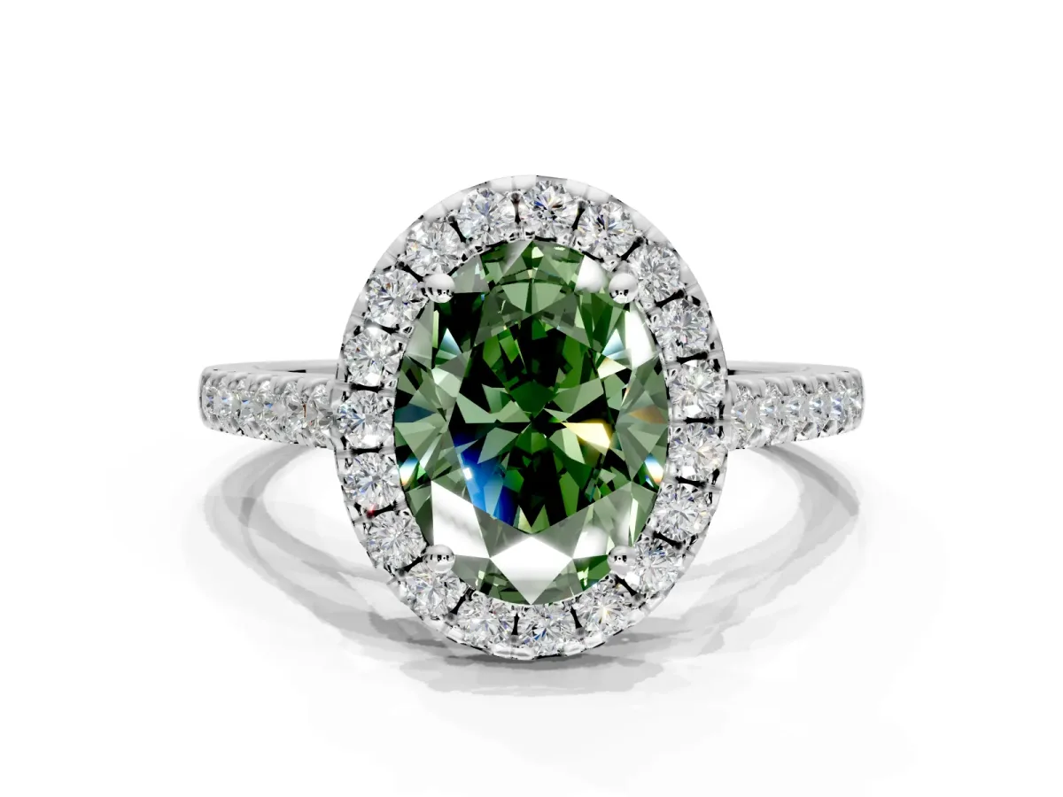 Halo Engagement Ring Setting for Fancy Green Oval Center with Narrowing Pave Band and Prong Head in Sterling Silver