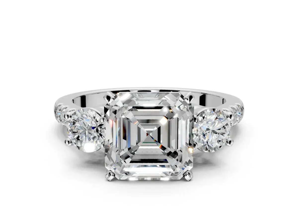 3 Stone Engagement Ring Setting for Asscher Cut Center with Crossover Basket, Pave Band and Prong Head in Platinum