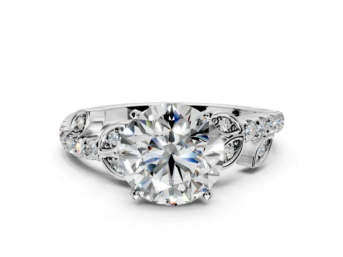 Leaf Motif Engagement Ring Setting for Round Cut Center with Pave Band and Prong Head in Platinum