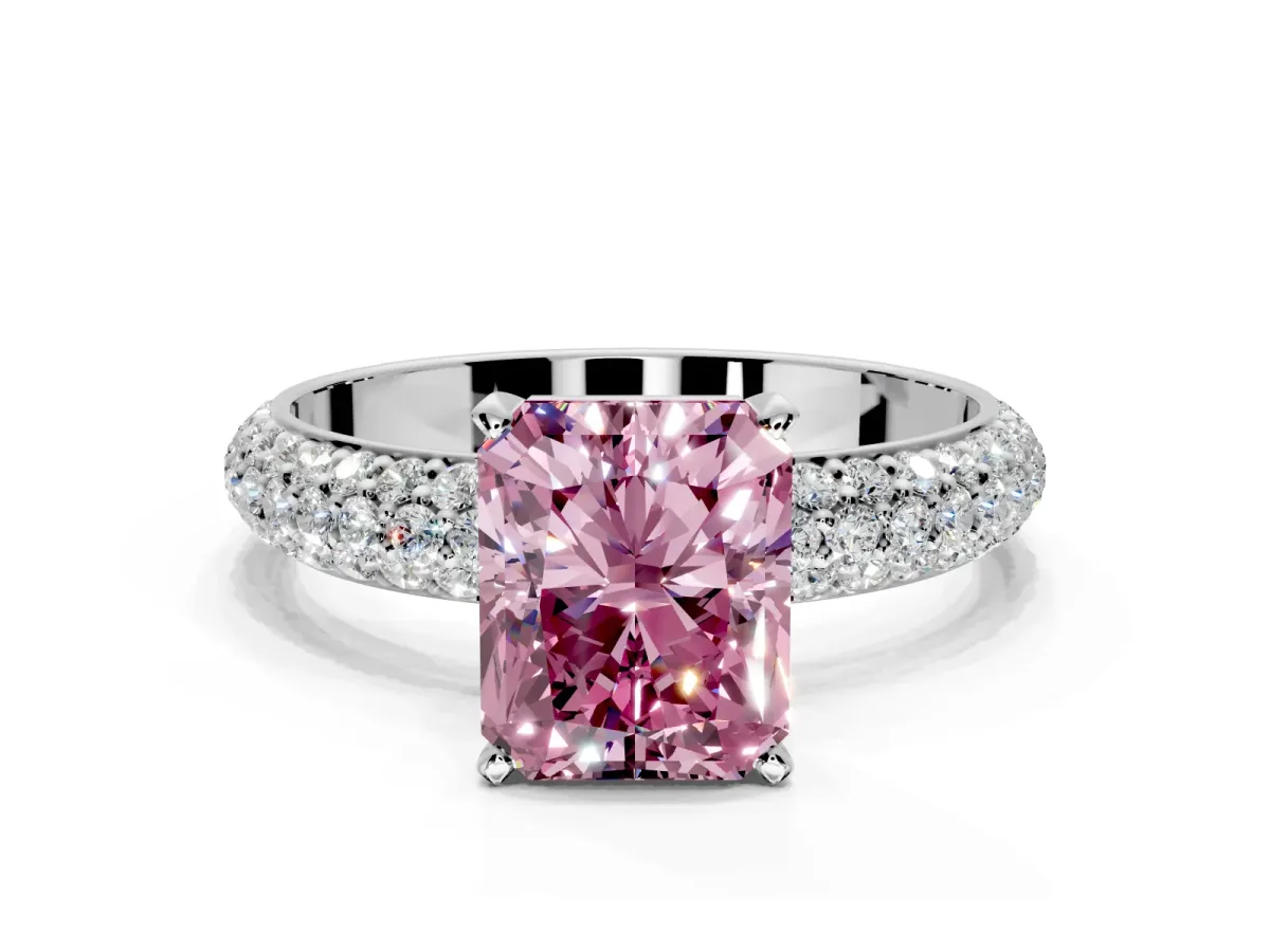 Solitaire Engagement Ring Setting for Fancy Pink Radiant Cut Center with Domed Multi-Row Pave Band and Prong Head in White Gold