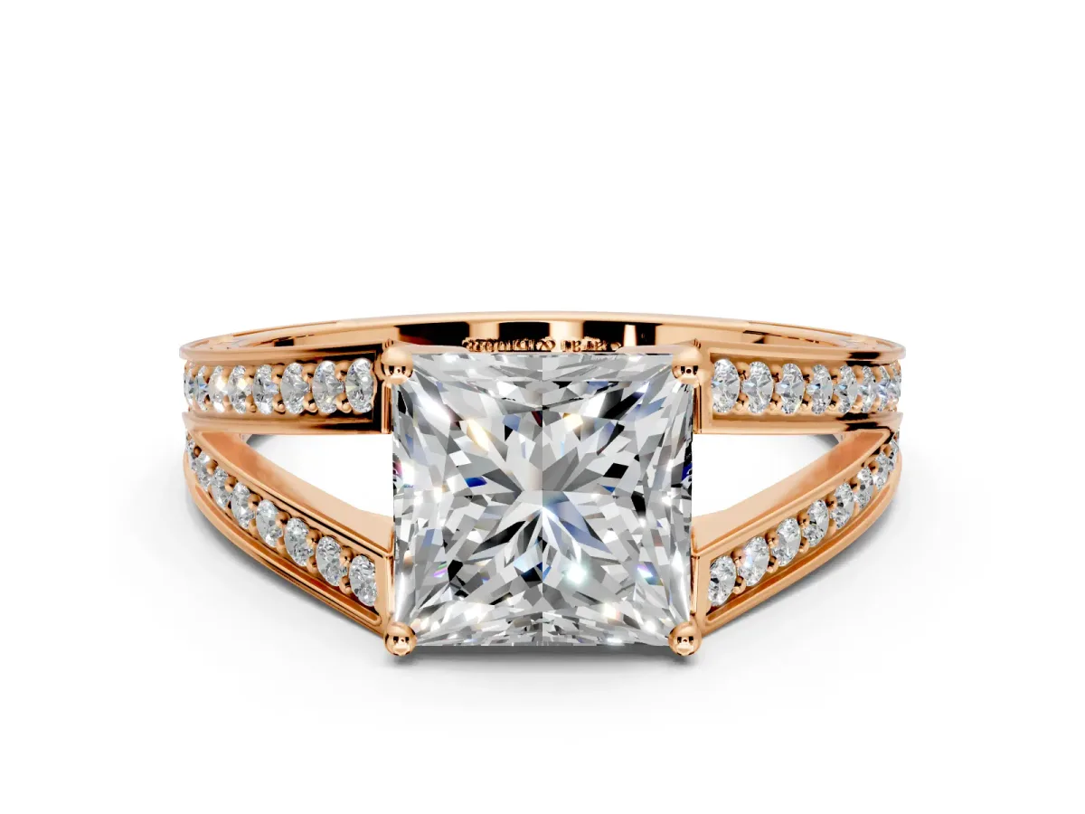 Split Shank Engagement Ring Setting for Princess Cut Center with Pave Split Shank and Prong Head in Rose Gold