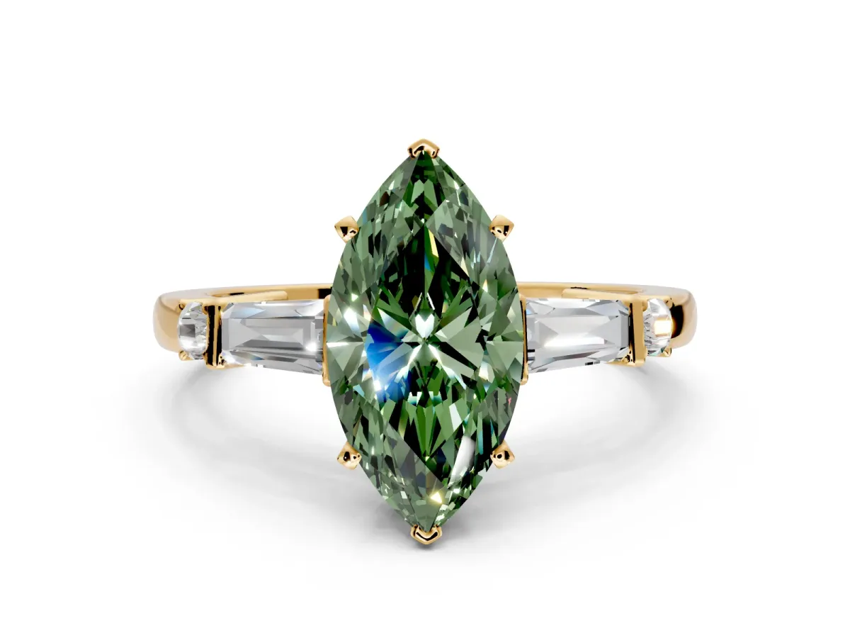 Bar-Set Engagement Ring Setting for Fancy Green Marquise Center with Tapered Baguette Accents and Prong Head in Yellow Gold