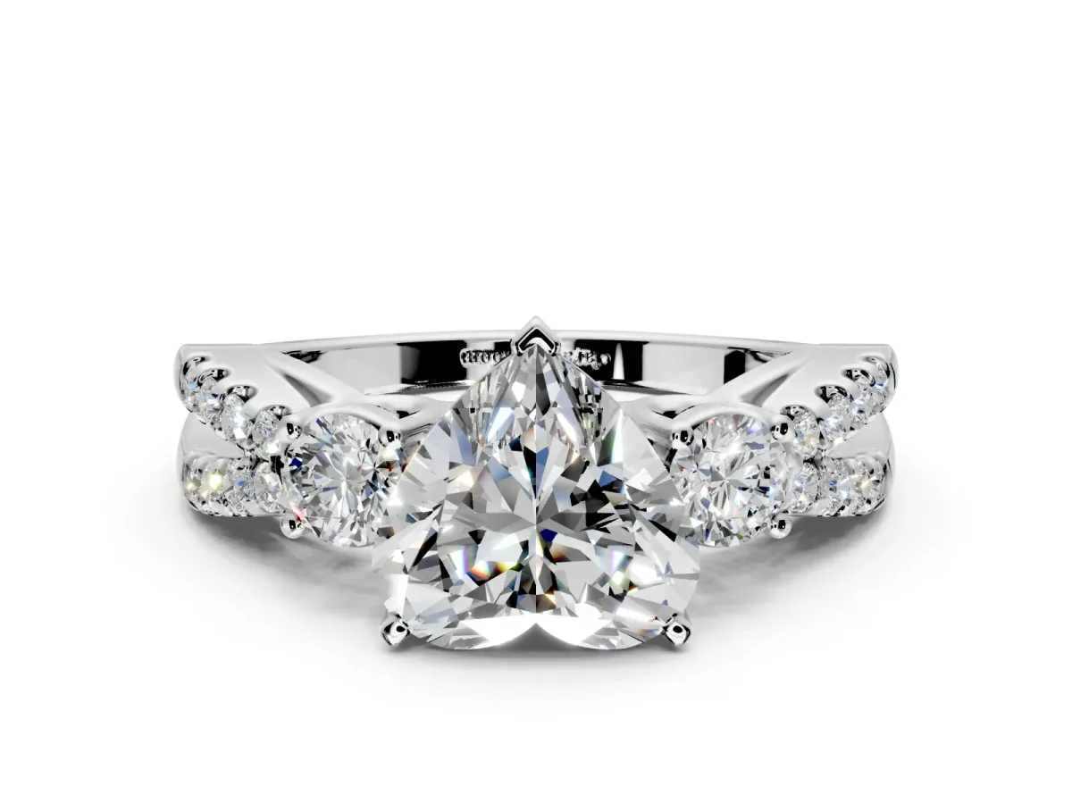 3 Stone Engagement Ring Setting for Heart-Shaped Center with Pave Split Shank and Prong Head in Sterling Silver