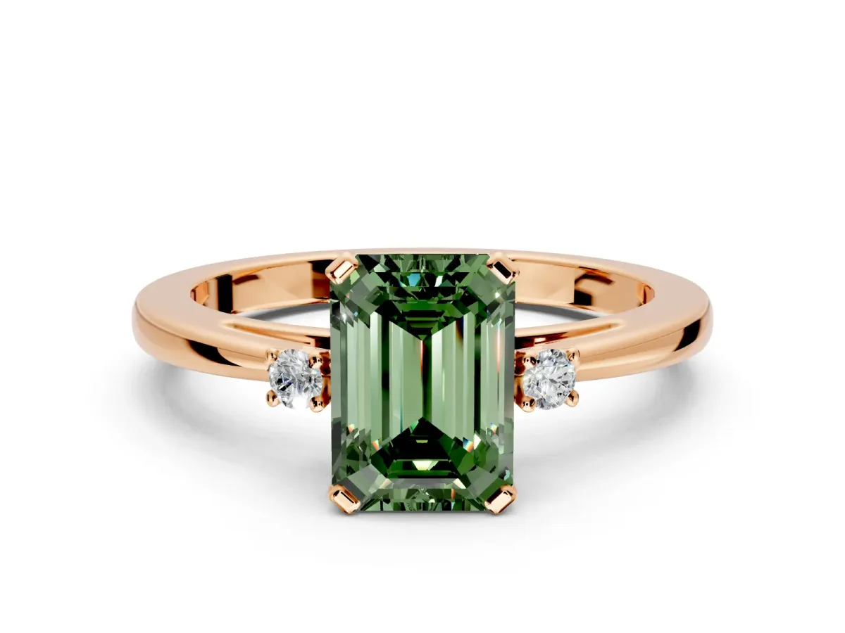 3 Stone Engagement Ring Setting for Fancy Green Emerald Cut Center with Low-Set Round Cut Accents and Prong Head in Rose Gold