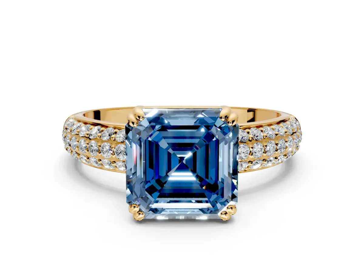 Solitaire Engagement Ring Setting for Fancy Blue Asscher Cut Center with Multi-Row Pave Accents and Basket Head in Yellow Gold
